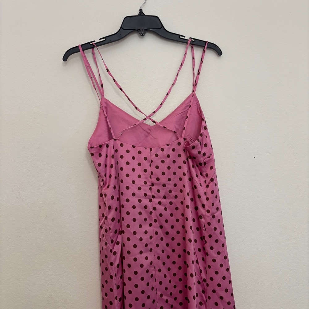 NWT Mango Pink and Brown Polka Dot Midi Satin Dress size S - Picture 3 of 13